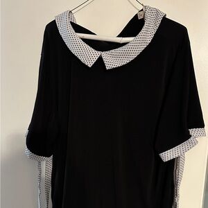 Black blouse. Layered look with white & black polka dots tail shirt